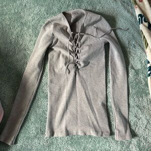 Free People Gray Long Sleeve Lace-Up Top